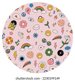 Groovy retro 1970 hippie poster in pastel circle with set of hippie elements: rainbow, clouds, daisies, stars, records, glasses, hearts etc. Vintage hippie color banner. Vector illustration