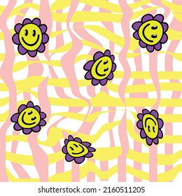 Groovy retro 1970s background with daisy smile. Cute psychedelic vector background with smiles and wavy elements. Fancy background 1960 and 1970 hippie style