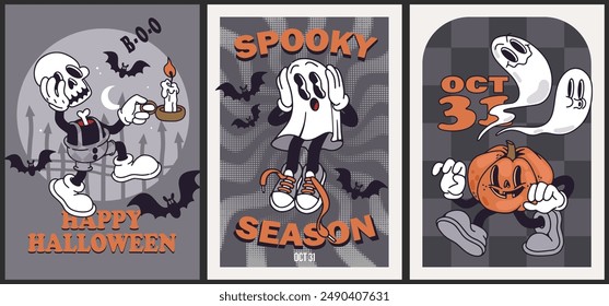 Groovy retro 30s Halloween posters. Funky cartoon characters and elements. Gloved ghosts, gloved pumpkin with boots, zombie hand, skeleton boy, bats, skull. Spooky Season. Trendy retro cartoon style.