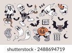 Groovy retro 30s Halloween set. Funky cartoon characters and elements. Gloved ghosts, gloved pumpkin with boots, zombie hand, skeleton boy, bats, skull. Spooky Season. Trendy retro cartoon style.