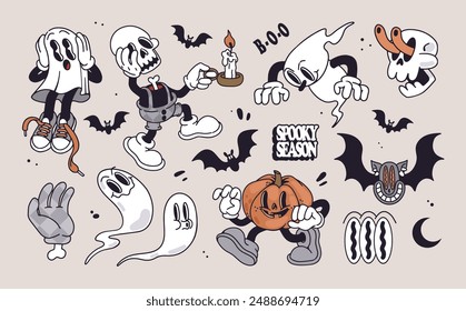 Groovy retro 30s Halloween set. Funky cartoon characters and elements. Gloved ghosts, gloved pumpkin with boots, zombie hand, skeleton boy, bats, skull. Spooky Season. Trendy retro cartoon style.