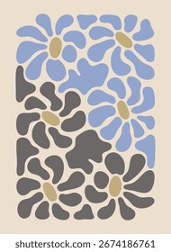 Groovy retro 70s patrón floral. Abstractas flores de margarita en azul apagado y gris. Moderna Ilustración vectorial minimalista para carteles y arte mural.