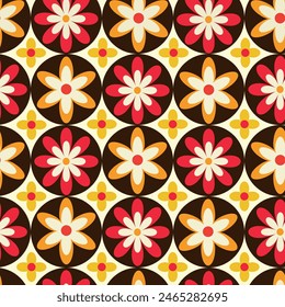 Groovy Retro 70s flowers on black circles seamless pattern. For textile, fabric and interior décor 