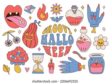 Groovy Retro 70s Halloween big set of spooky elements. Psychedelic scary stickers. Hippie style holiday. Zombie arm, pumpkin, potion, mushroom, bat, daisy. Vector hand drawn illustration.