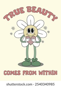 Groovy Retro 70s Poster with Retro Cartoon Character. 
Positive Affirmation Wall Art. Mental Health Wall Art. Motivational Poster. School Poster. Groovy Daisy Cartoon with Heart 