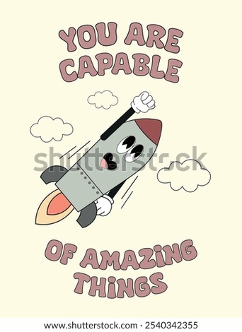 Groovy Retro 70s Poster with a Rocket Retro Cartoon Character. Positive Affirmation Wall Art. Poster for School Psychologist. Mental Health Wall Art. Motivational Poster Decor. Retro Comic Rocket