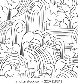 Groovy retro 70s seamless pattern: rainbow, drops and doodle shapes. Outline black and white abstract texture. Simple hippie style design. Cute line art surface for kids textile, fabric, coloring page