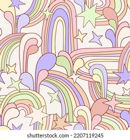 Groovy retro 70s seamless pattern: rainbows, drops and doodle shapes. Outline colorful abstract texture. Simple hippie style design. Cute pastel surface for kids textile, fabric, wrapping paper