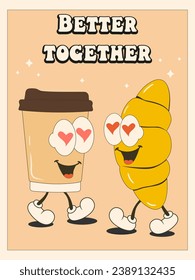 Groovy retro 70s style coffee cup and croissant in love poster. Coffee shop vintage banner