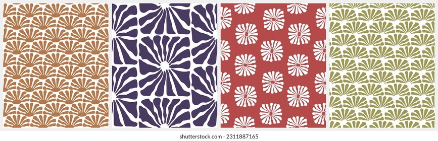Groovy Retro 70s Style Floral Vector Seamless Patterns. Green, Blue, White and Gold Flowers on a White and RedBackground. RGB Colors. Vintage Hippie Repeatable Print with Flowers. Abstract Garden.
