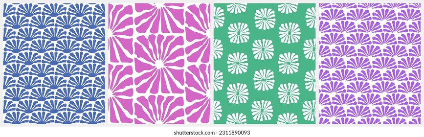 Groovy Retro 70s Style Floral Vector Seamless Patterns. Pink, Blue, White and Violet Flowers on a White and Green Background. RGB Colors. Vintage Hippie Repeatable Print with Flowers. Abstract Garden.