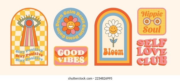 Groovy retro 70s style stickers. Daisy flower smile face, eye. Hippie slogans. Good vibes, stay positive, hippie soul, bloom. Vector pack with inspirational quote. 