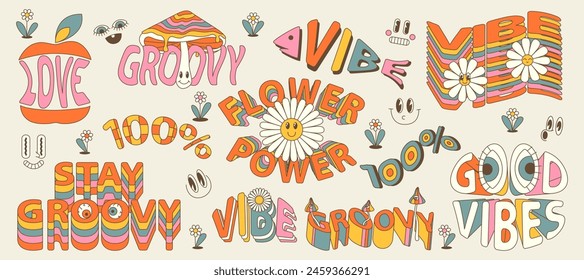 Groovy retro 70s style stickers with text. Daisy flower smile face, eye. Hippie slogans. Good vibes, stay positive, hippie soul, bloom. Vector pack with inspirational