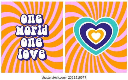 Groovy Retro 70s Style Vector Prints. One World, One Love. Y2K Style Heart. Vibrant RGB Colors. Retro Lettering Text on a Pink, Orange Twisted Stripes. Groovy Design ideal for Card, Poster, Wall Art.