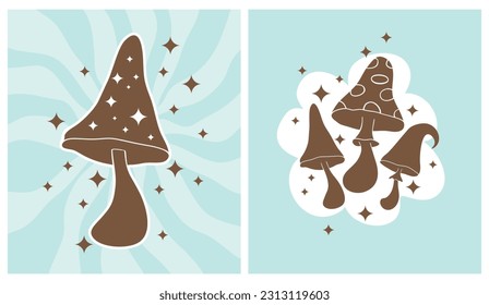 Groovy Retro 70s Style Vector Print. Magic Soul. Brown Mushrooms Isolated on a Light Blue Background. Trendy Hippie Poster. Magic Mushrooms in a White Frame of Comic Cloud Shape on a Opal Blue.