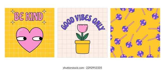 Groovy retro 80s 90s set. Psychedelic hippy posters. Good vibes only. Trendy and bright backgrounds in trendy nostalgic style. Doodle  elements set