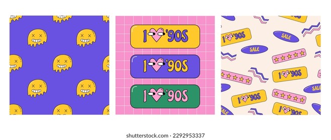 Groovy retro 80s 90s set. Psychedelic smile background. Trendy and bright backgrounds in trendy nostalgic style. Doodle elements set. Flower power elements