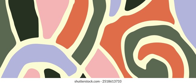 Groovy retro abstract doodle shapes in trendy naive hippie  Contemporary landscape background with copy space for text, for banner, greeting card, poster and advertising
