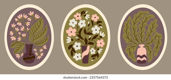 Groovy retro abstract floral posters in oval form. Set of flat vector vintage illustrations. Perfect for posters, interior decoration, t shirt print, social media graphics, wall art, printout