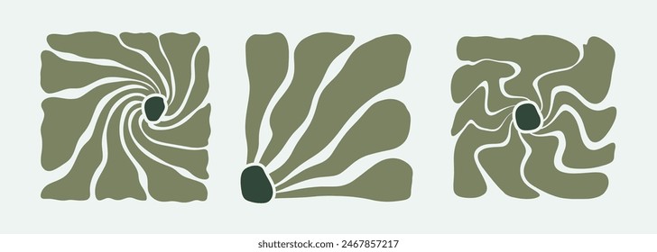 Groovy retro abstract flowers backgrounds. doodle shapes in trendy naive hippie 60s 70s style. Square wavy vector illustration in green colors.