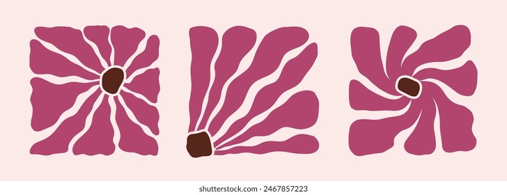 Groovy retro abstract flowers backgrounds. doodle shapes in trendy naive hippie 60s 70s style. Square wavy vector illustration in brown pink colors.