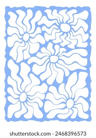 Groovy retro abstract flowers backgrounds. doodle shapes in trendy naive hippie 60s 70s style. Square wavy vector illustration in blue colors.