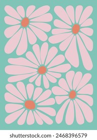 Groovy retro abstract flowers backgrounds. doodle shapes in trendy naive hippie 60s 70s style. Square wavy vector illustration in green pink colors.