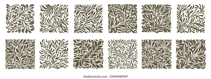 Groovy retro abstract leaf plant leaves backgrounds. doodle shapes in trendy naive hippie 60s 70s style. Square wavy vector illustration in green sage colors.	