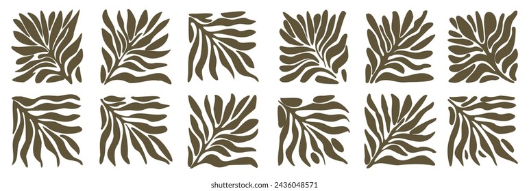 Groovy retro abstract leaf plant leaves backgrounds. doodle shapes in trendy naive hippie 60s 70s style. Square wavy vector illustration in green sage colors.	