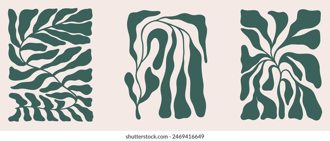 Groovy retro abstract leaf set backgrounds. doodle shapes in trendy naive hippie 60s 70s style. Square wavy vector illustration.