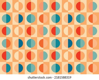 Groovy Retro Abstract Seamless Pattern Background In Retro Color Palette Blue Orange. Half Circles Checkerboard Vintage Backdrop, Vector Hippy 60s Walpaper, Texture, Textile Geometric Design.