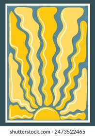 Groovy retro abstract sun background. Organic doodle shapуs in trendy naive hippie 60s 70s style. Contemporary poster print template. Vertical vector illustration.