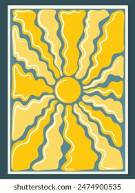 Groovy retro abstract sun background. Organic doodle shapуs in trendy naive hippie 60s 70s style. Contemporary poster print template. Vertical vector illustration.
