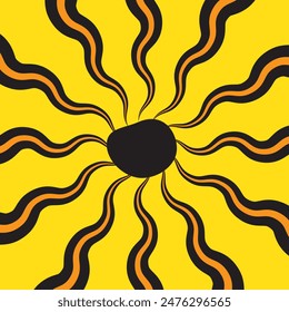 Groovy retro abstract sun background set with bright sunburst. Abstract summer background with sun. Retro swirl sun groovy banner background. Organic doodle shapes with sun. Vector illustration.