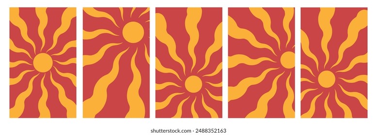 Groovy retro abstract sun background set with bright sunburst. Abstract summer background with sun. Retro swirl sun groovy banner background. Organic doodle shapes with sun. Vector illustration.