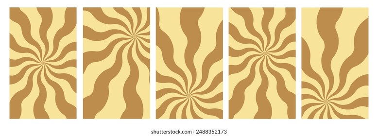 Groovy retro abstract sun background set with bright sunburst. Abstract summer background with sun. Retro swirl sun groovy banner background. Organic doodle shapes with sun. Vector illustration.