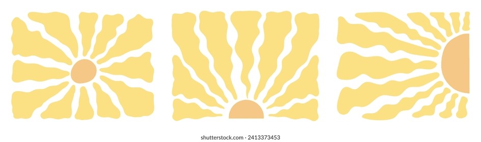 Groovy retro abstract sun backgrounds. doodle shapes in trendy naive hippie 60s 70s style. Square wavy vector illustration in yellow colors.