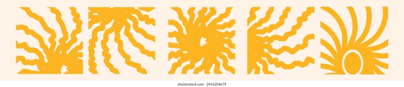 Sólidos abstractos y rugosos fondos de sol. Formas de doodle orgánico en un estilo hippie de moda de los años 70.