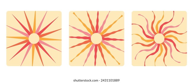 Fondos de sol abstractos retro Groovy. Formas de garabato orgánico en el estilo hippie de moda de los años 60 y 70. Plantilla de banner de impresión de póster contemporáneo. Ilustración vectorial cuadrada ondulada en colores de degradado amarillo.