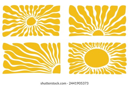 Groovy retro abstract sun backgrounds. Organic doodle shapes in trendy naive hippie 60s 70s style. Contemporary poster print banner template