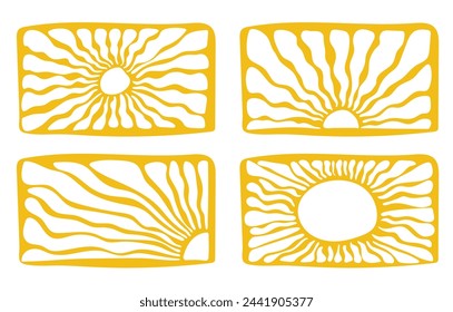 Groovy retro abstract sun backgrounds. Organic doodle shapes in trendy naive hippie 60s 70s style. Contemporary poster print banner template