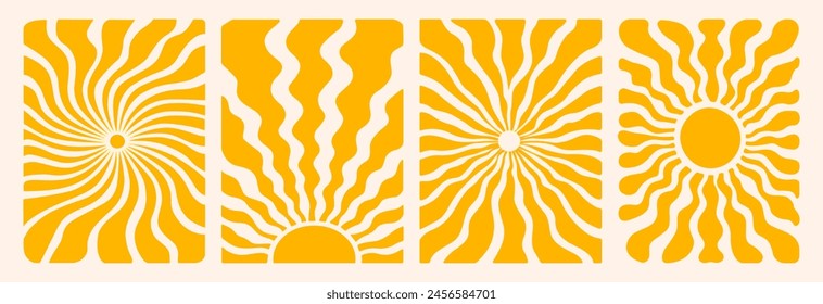 Fondos de sol abstractos retro Groovy. Formas de garabatos orgánicos en estilo hippie naive. Plantilla de póster con estampado contemporáneo. Ilustración vectorial ondulada de Vertical en colores amarillos.