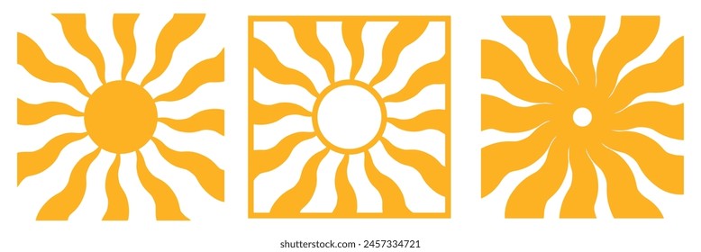 Groovy retro abstract sun backgrounds. Organic doodle shapes in trendy naive hippie 60s 70s style. Contemporary poster print banner template. Vertical Wavy in yellow colors. vector illustration.EPS 10