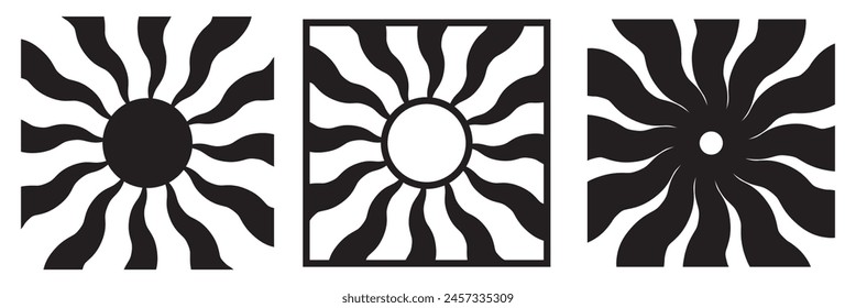 Groovy retro abstract sun backgrounds. Organic doodle shapes in trendy naive hippie 60s 70s style. Contemporary poster print banner template. Vertical Wavy in black colors. vector illustration. EPS 10