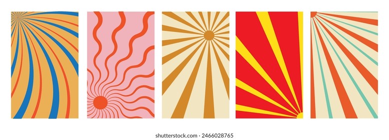 Groovy retro abstract sun backgrounds. Organic doodle shapes in trendy naive hippie 60s 70s style.Retro swirl sun groovy banner background. Abstract grunge sunburst ray.7891