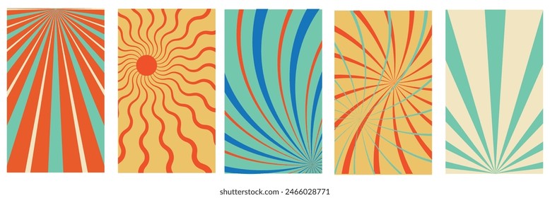 Groovy retro abstract sun backgrounds. Organic doodle shapes in trendy naive hippie 60s 70s style.Retro swirl sun groovy banner background. Abstract grunge sunburst ray.7891