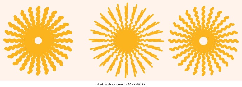 Groovy retro abstract sun backgrounds. Organic doodle shapes in trendy naïve hippie style. Contemporary poster print banner template. vector illustration in yellow colors