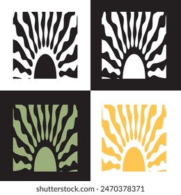 Groovy retro abstract sun backgrounds. Organic doodle shapes in trendy naive hippie 60s 70s style. Contemporary poster print banner template. Vertical Wavy vector illustration in four colors. EPS 10