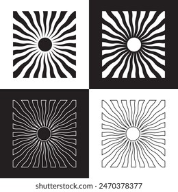 Groovy retro abstract sun backgrounds. Organic doodle shapes in trendy naive hippie 60s 70s style. Contemporary poster print banner template. Vertical Wavy vector illustration in four colors. EPS 10