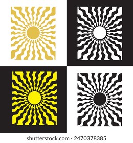 Groovy retro abstract sun backgrounds. Organic doodle shapes in trendy naive hippie 60s 70s style. Contemporary poster print banner template. Vertical Wavy vector illustration in four colors. EPS 10